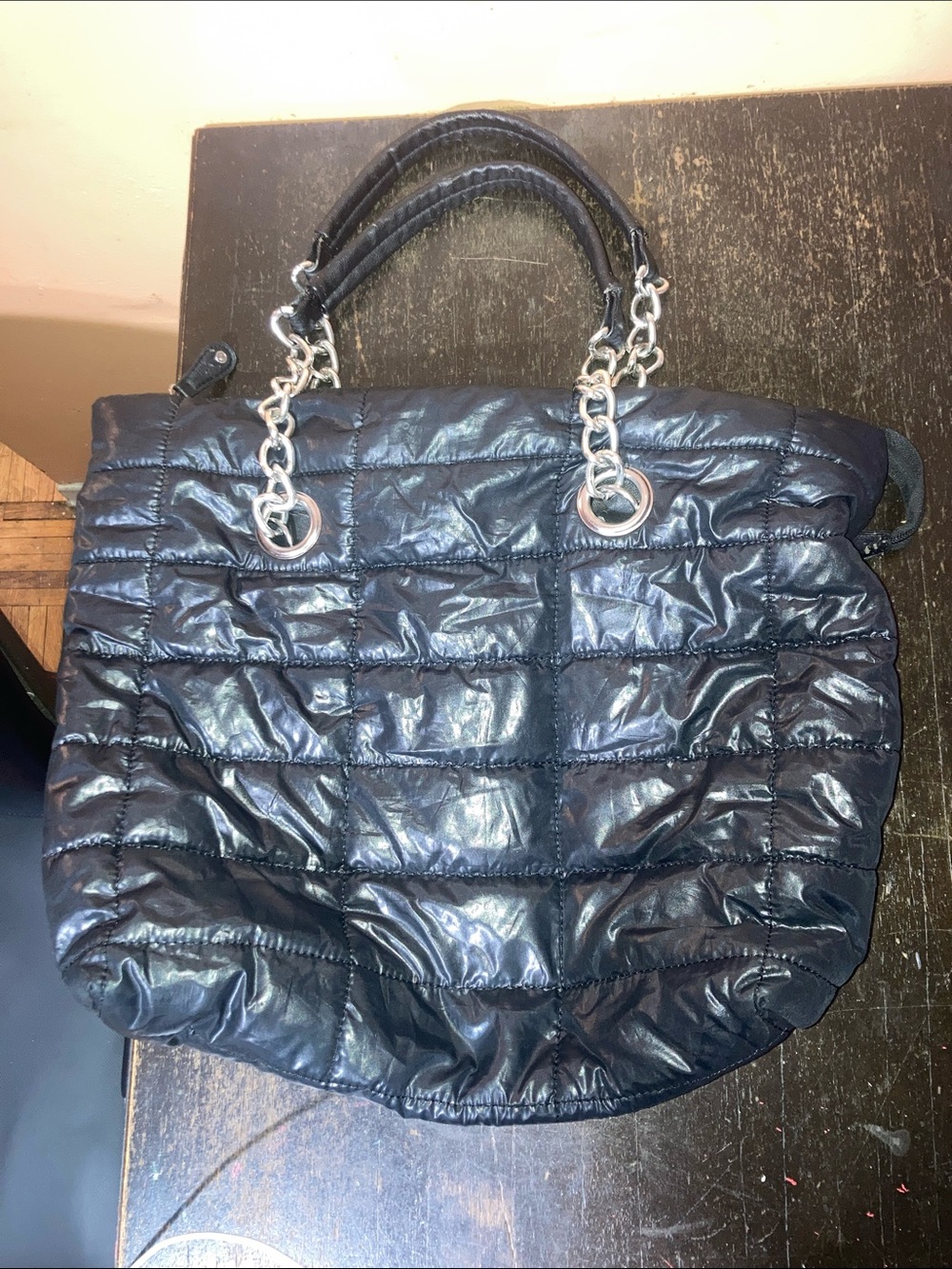 Aldo Shiny Black Quilted Tote with Chain Handles